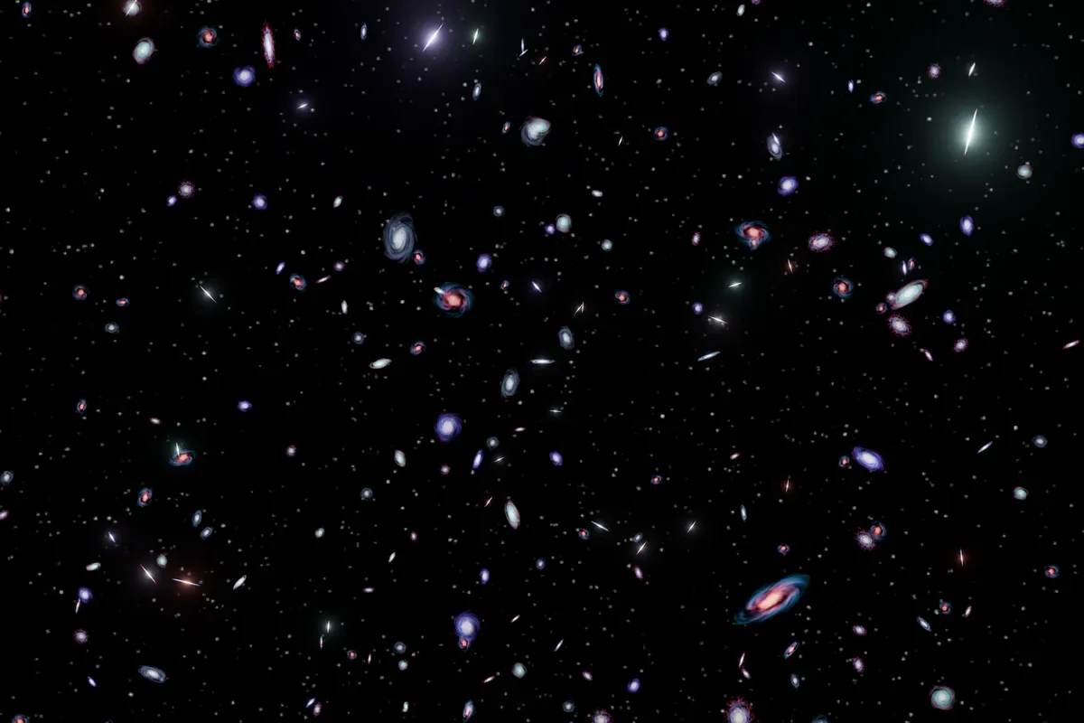 Campo profundo con cientos de galaxias de distintas formas y colores