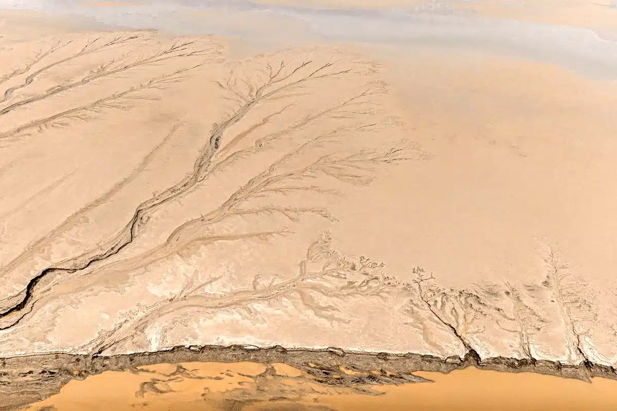 Vista aérea de un terreno arenoso surcado por canales ramificados