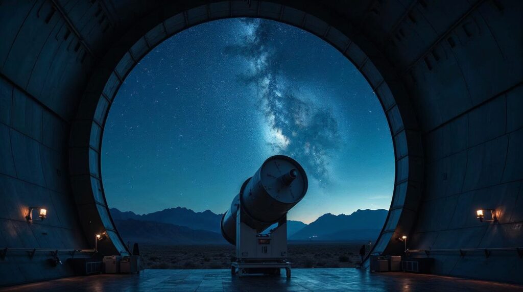 Telescopio óptico dentro de una cúpula abierta apuntando a un cielo nocturno estrellado en una zona desértica de montaña