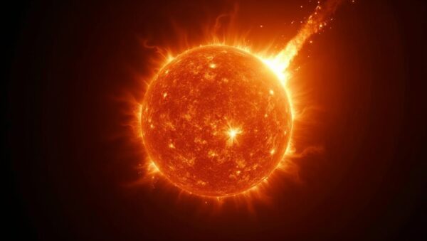 Llamarada solar que brota del borde del Sol como un arco de plasma brillante sobre fondo negro