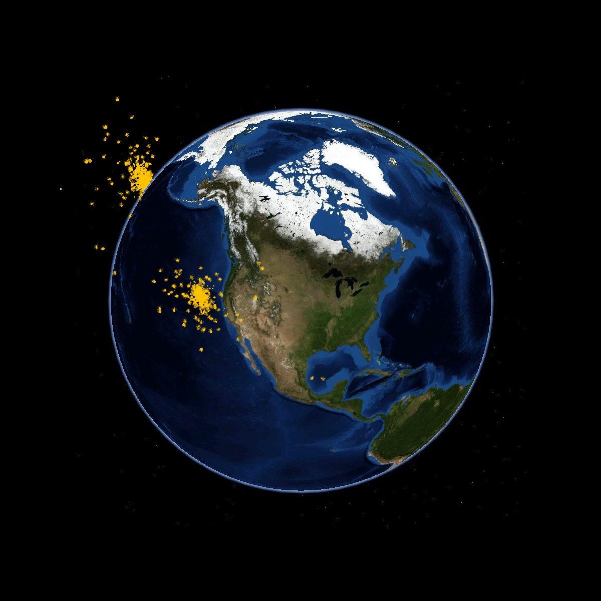Globo terrestre con dos nubes de puntos amarillos sobre el Pacífico norte, los fragmentos de la colisión entre Iridium 33 y Kosmos 2251