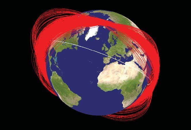 Globo terrestre con decenas de órbitas rojas de fragmentos de Fengyun-1C que lo envuelven y una órbita blanca de la Estación Espacial Internacional