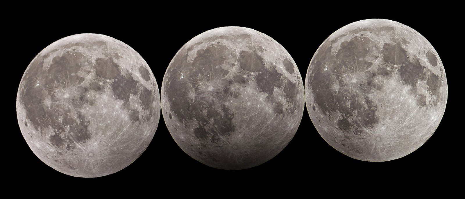 Tres imágenes de la Luna llena en fila, con un leve oscurecimiento en el borde durante un eclipse penumbral
