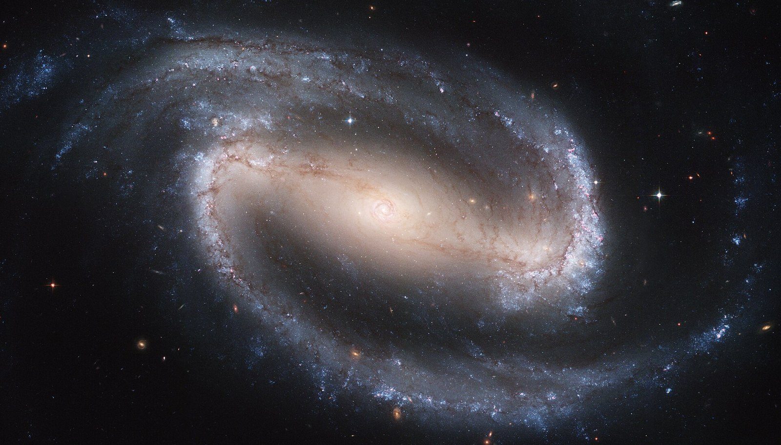 Galaxia espiral barrada NGC 1300 vista de frente, con una barra central luminosa y brazos espirales con estrellas azules y polvo