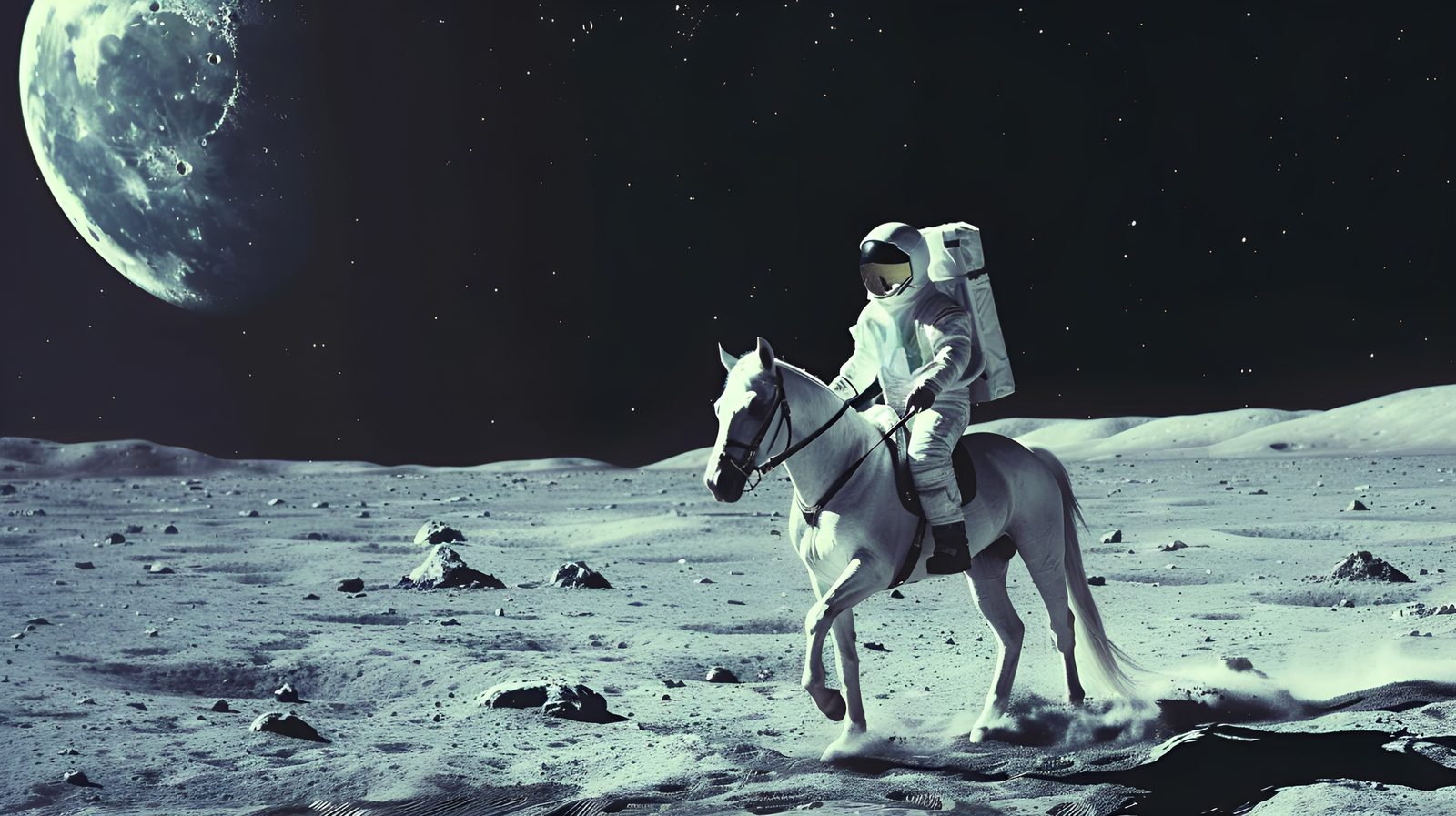 Ilustración de un astronauta que monta un caballo blanco sobre la superficie de la Luna, con la Tierra al fondo