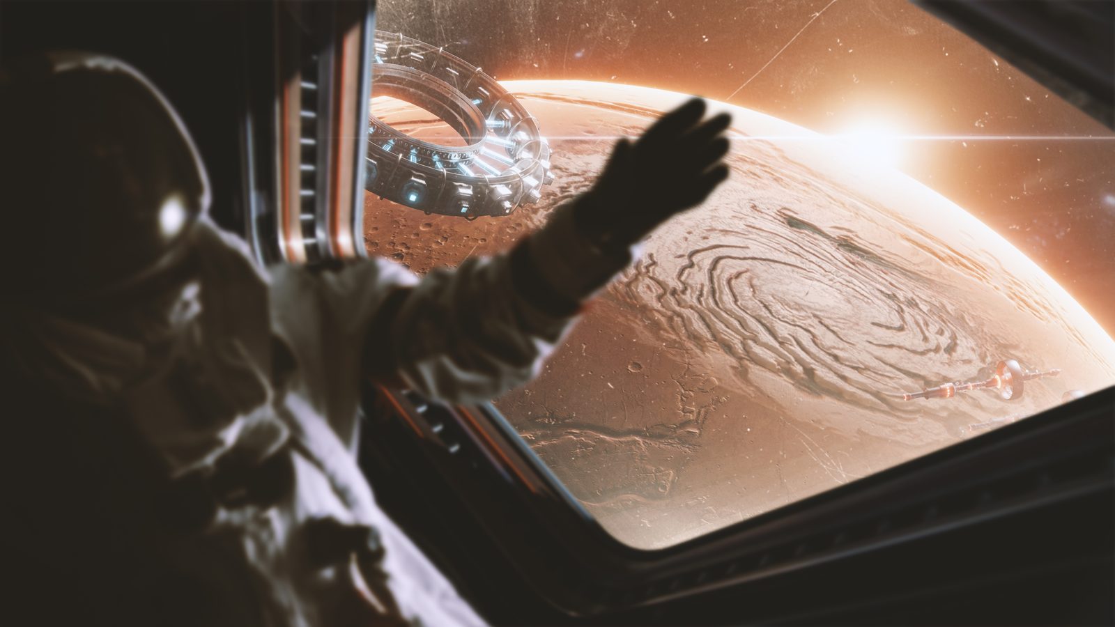 Ilustración de un astronauta que apoya la mano en la ventanilla de una nave frente a un planeta anaranjado