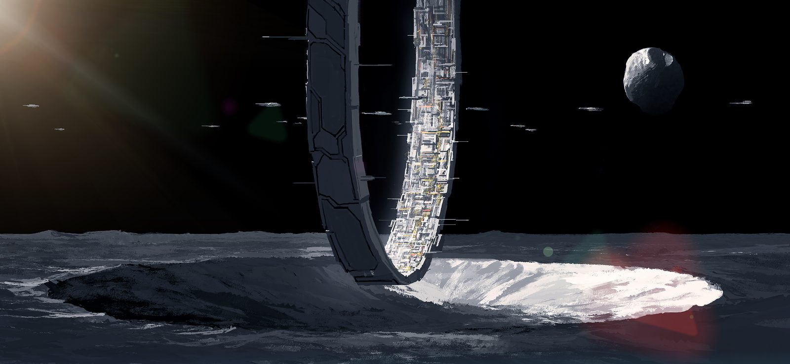 Ilustración de una gigantesca estructura en forma de anillo que se eleva sobre una superficie con cráteres