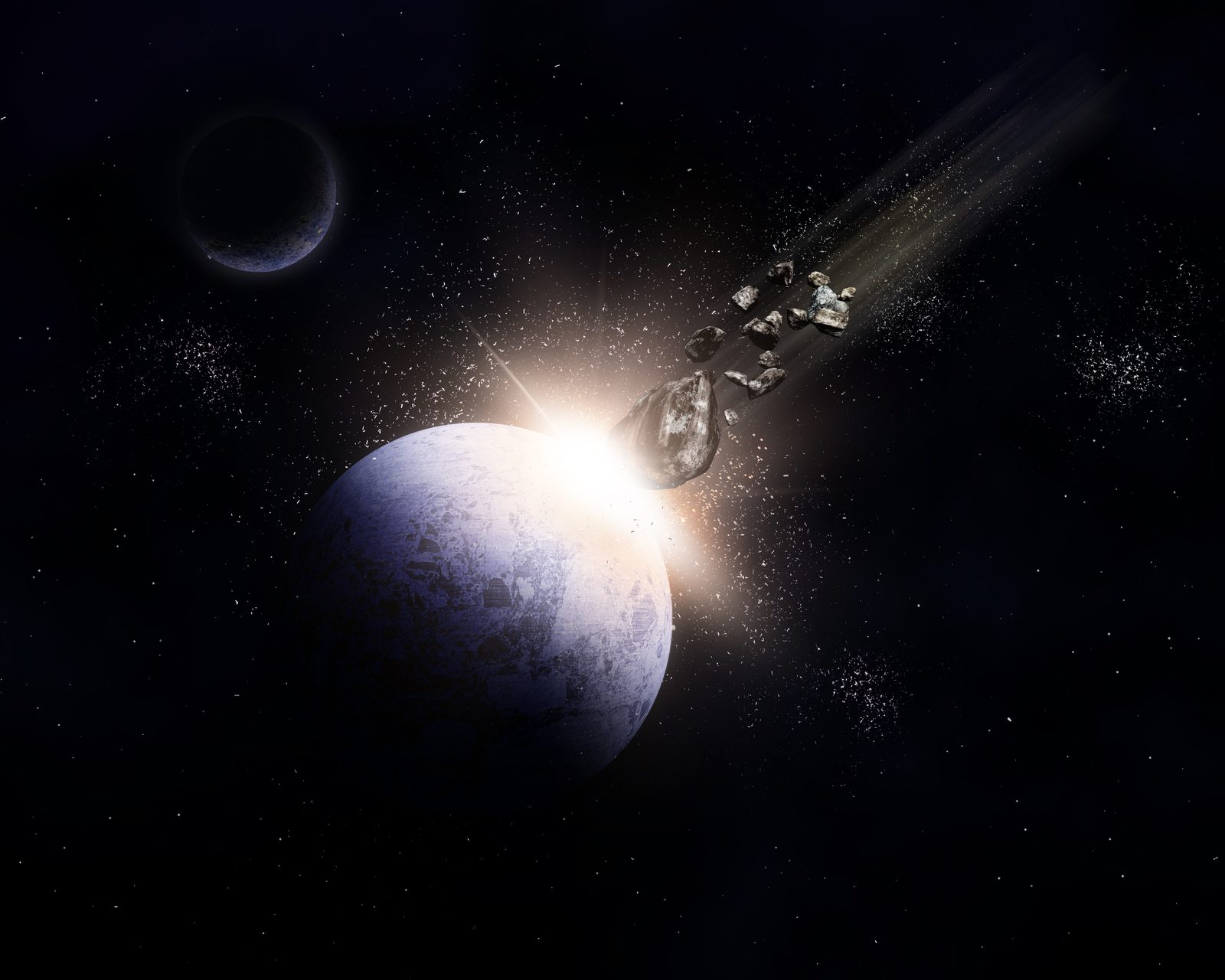 Ilustración de una sonda espacial junto a un planeta iluminado por el Sol, con una luna al fondo