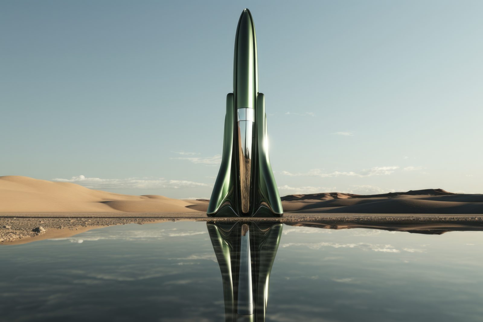 Ilustración de un cohete verde metalizado que se refleja en el agua en medio de un desierto